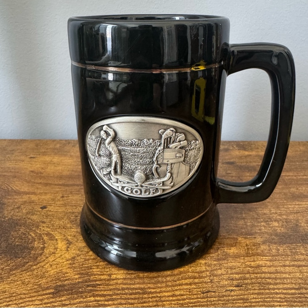 Linyi Silver‎ Phoenix Black Golf Beer Stein Metal Plaque Heavy Ceramic Mug